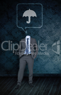 Composite image of headless businessman with umbrella in speech