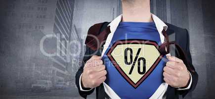 Composite image of businessman opening shirt in superhero style