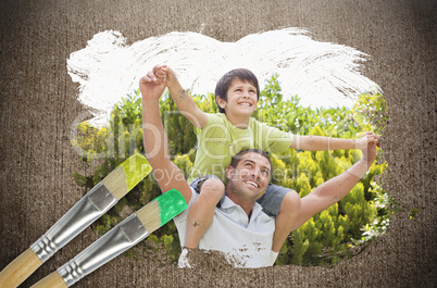 Composite image of father and son in the park