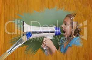 Composite image of little girl with bullhorn