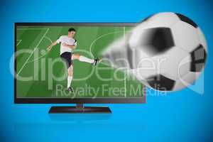 Football player in white kicking ball out of tv