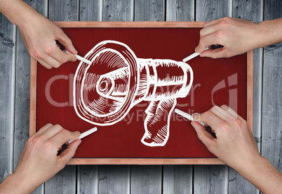 Composite image of multiple hands drawing megaphone with chalk