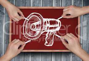 Composite image of multiple hands drawing megaphone with chalk