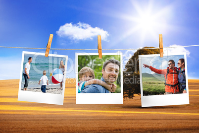 Composite image of instant photos hanging on a line