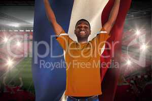 Cheering football fan in orange jersey holding netherlands flag