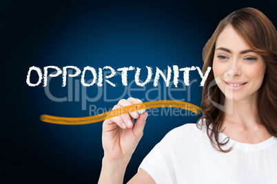 Businesswoman writing the word opportunity