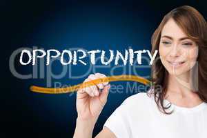 Businesswoman writing the word opportunity