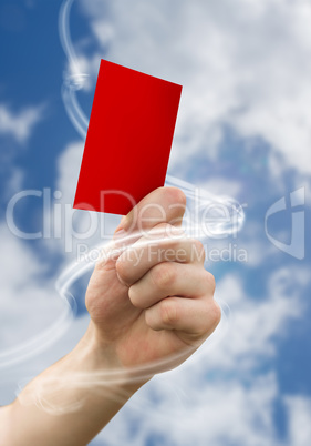 Composite image of hand holding up red card