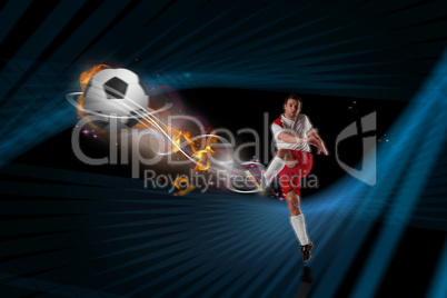 Composite image of football player in white kicking