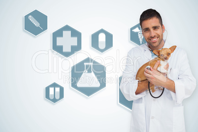 Composite image of happy vet checking dog with stethoscope