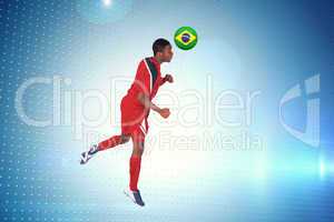 Composite image of football player in red jumping