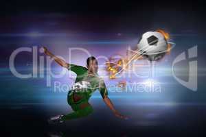 Composite image of football player in green kicking