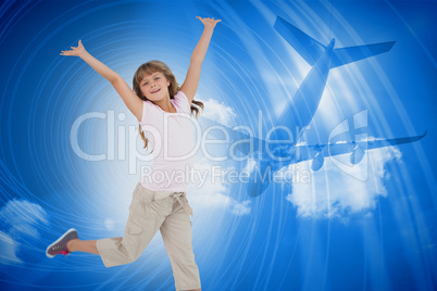 Composite image of happy girl jumping