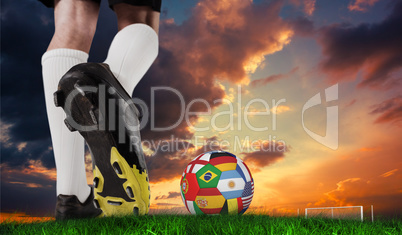 Composite image of football boot kicking flag ball