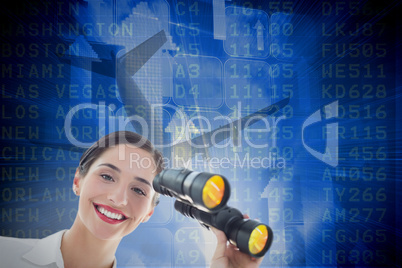 Composite image of smiling business woman with binoculars