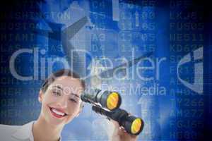 Composite image of smiling business woman with binoculars