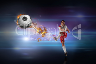 Composite image of football player in white kicking