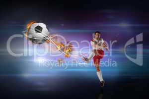 Composite image of football player in white kicking