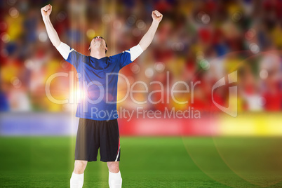 Composite image of football player celebrating a win