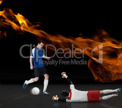 Composite image of football players tackling for the ball