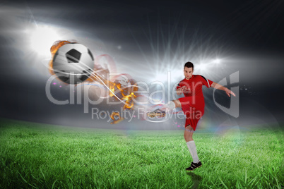 Composite image of football player in red kicking