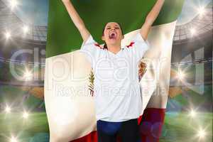 Composite image of football fan in white cheering holding mexico