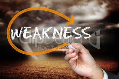 Businesswoman writing the word weakness