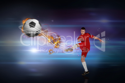 Composite image of football player in red kicking