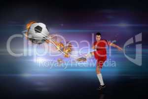 Composite image of football player in red kicking