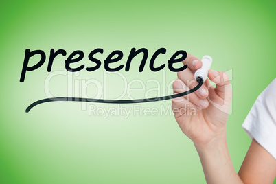Businesswoman writing the word presence