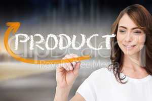 Businesswoman writing the word product