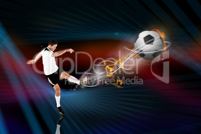 Composite image of football player in white kicking