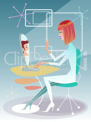 Young woman talking on the computer with the young man futuristic interior