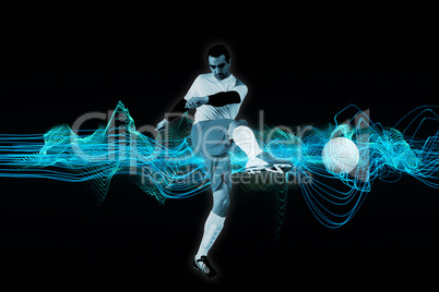 Composite image of football player in white kicking