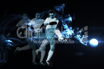 Composite image of football player in white kicking