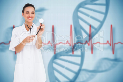 Composite image of pretty nurse listening with stethoscope