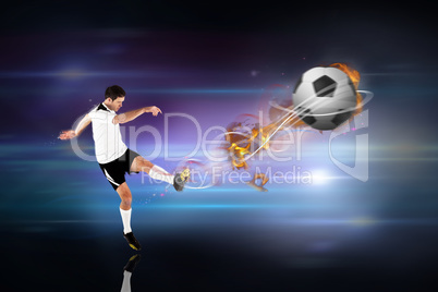 Composite image of football player in white kicking