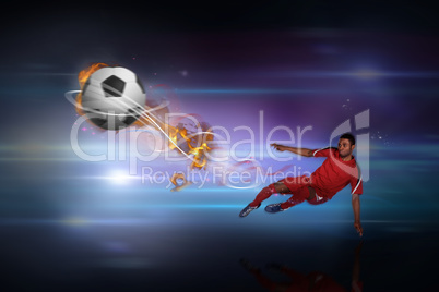 Composite image of football player in red kicking