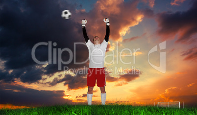 Composite image of goalkeeper in white cheering Composite image of goalkeeper in white cheering
