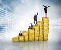 Composite image of business people on pile of coins