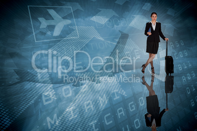 Composite image of businesswoman leaning on her suitcase holding