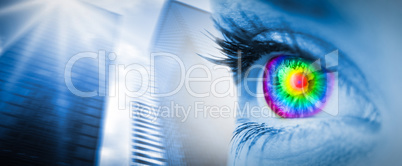 Composite image of pyschedelic eye on blue face