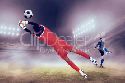 Composite image of goalkeeper in red making a save