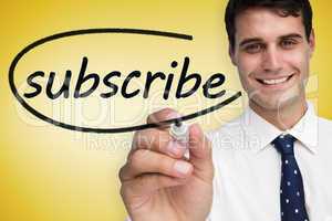 Businessman writing the word subscribe