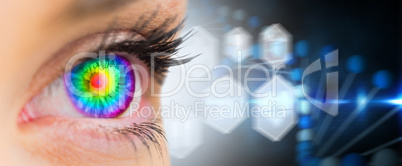 Composite image of psychedelic eye looking ahead on female face