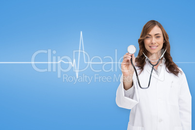 Composite image of happy doctor using stethoscope