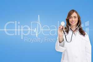 Composite image of happy doctor using stethoscope