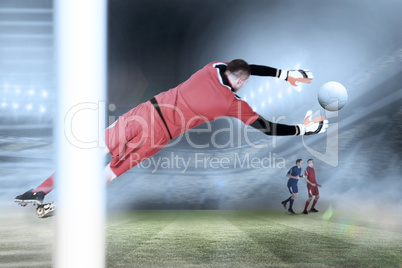 Composite image of fit goal keeper jumping up