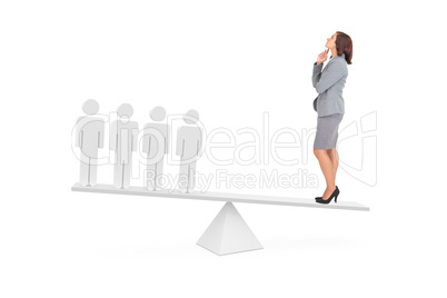 Scales weighing businesswoman and stick men