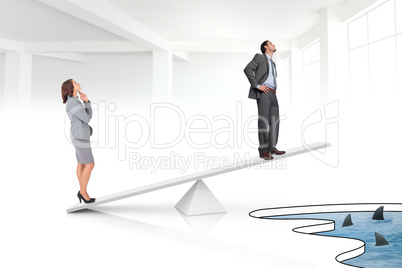 White scales weighing businessman and businesswoman